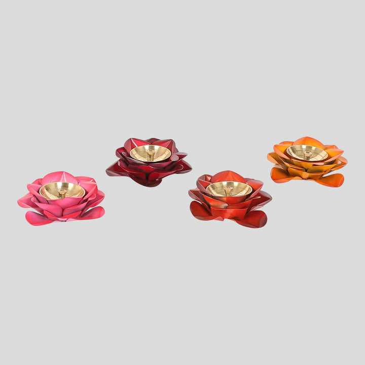 Handmade Rose Shaped Multicolor Brass Oil Lamp / Diya | Set of 4