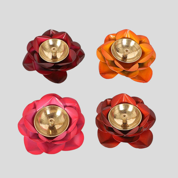 Handmade Rose Shaped Multicolor Brass Oil Lamp / Diya | Set of 4