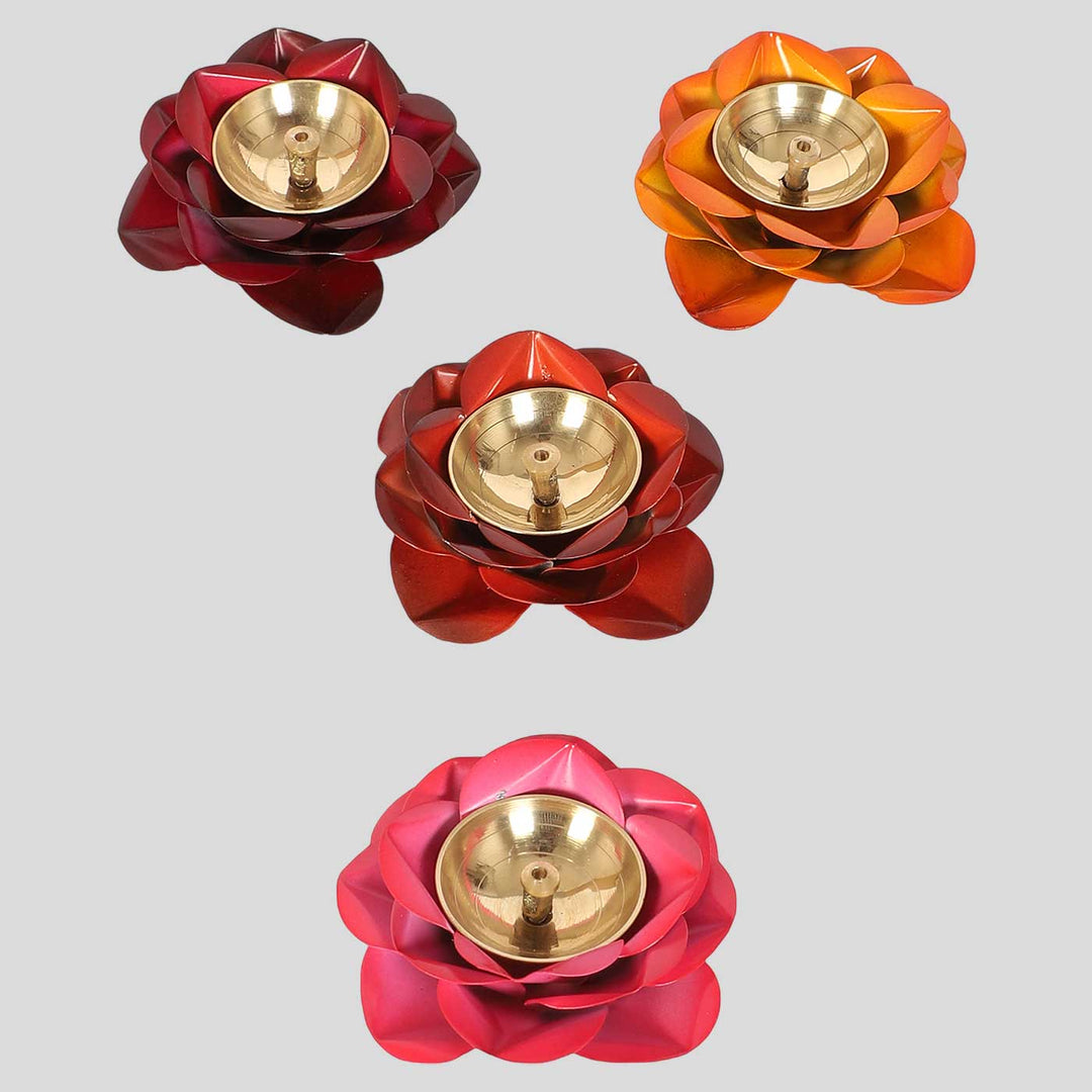 Handmade Rose Shaped Multicolor Brass Oil Lamp / Diya | Set of 4