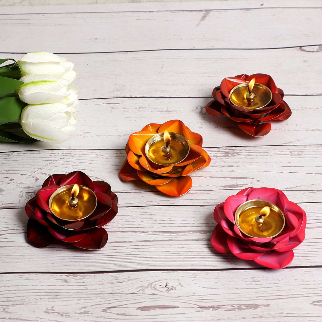 Handmade Rose Shaped Multicolor Brass Oil Lamp / Diya | Set of 4