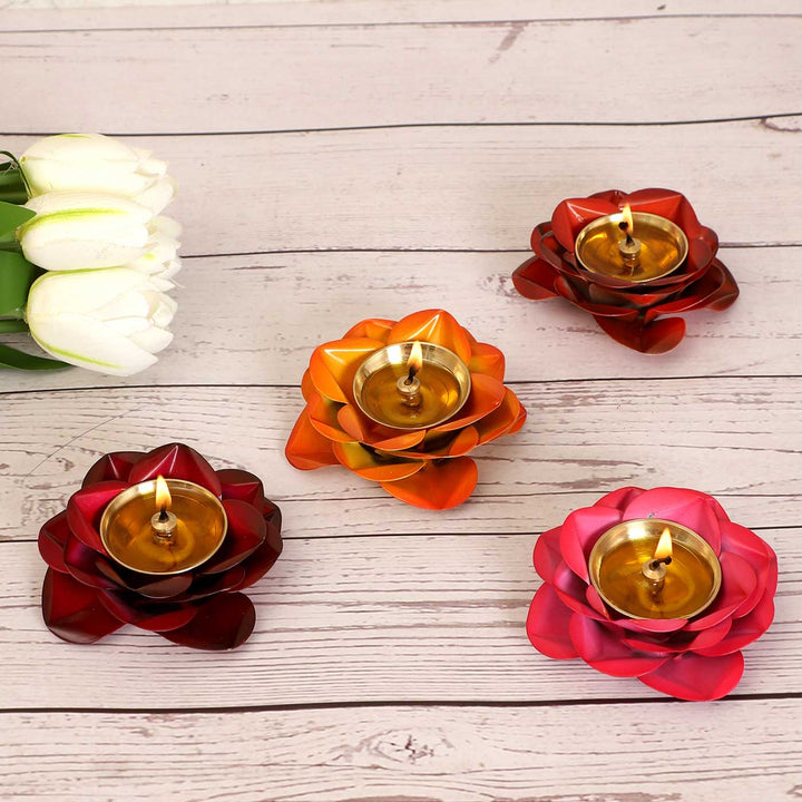 Handmade Rose Shaped Multicolor Brass Oil Lamp / Diya | Set of 4