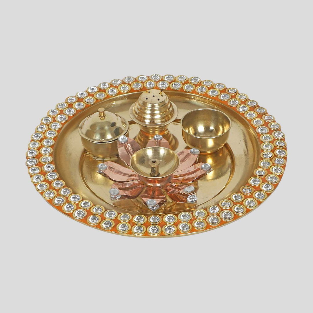 Handmade Gold & Yellow Beads Bordered Brass Puja Thali | Set of 4