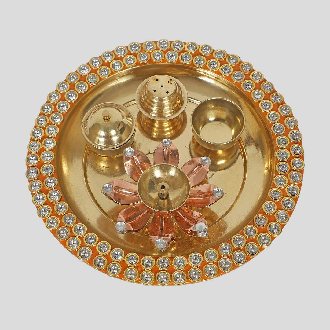 Handmade Gold & Yellow Beads Bordered Brass Puja Thali | Set of 4