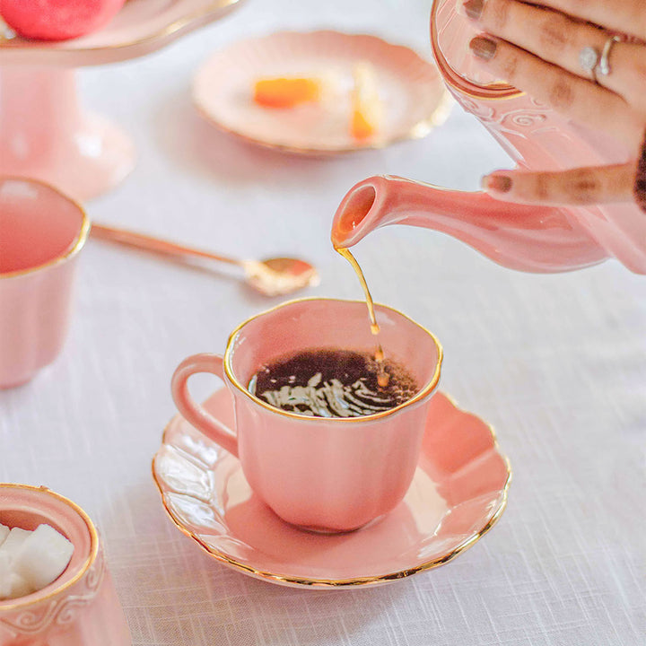 Pink Royal Anna Ceramic Teacup & Saucer | Set Of 4