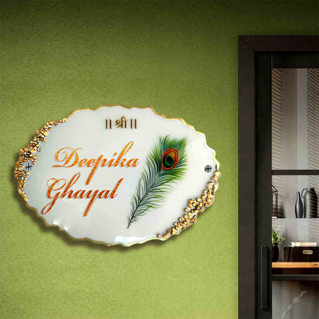 Personalized Handmade Peacock Feather Resin Name Plate