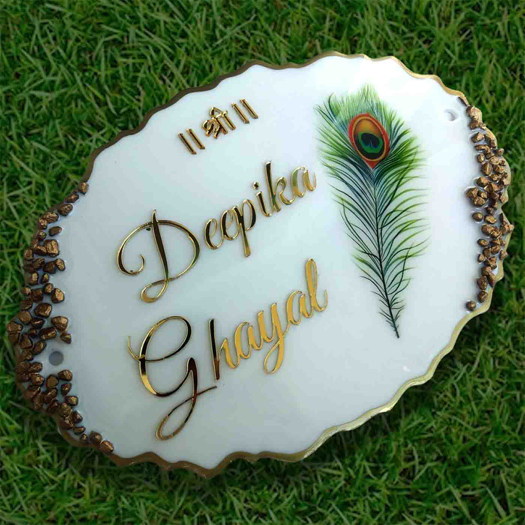 Personalized Handmade Peacock Feather Resin Name Plate