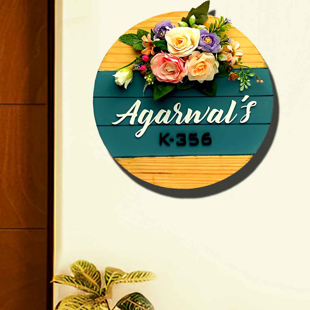 Personalized Handmade Floral Round Wooden Name Plate With 3D Letters