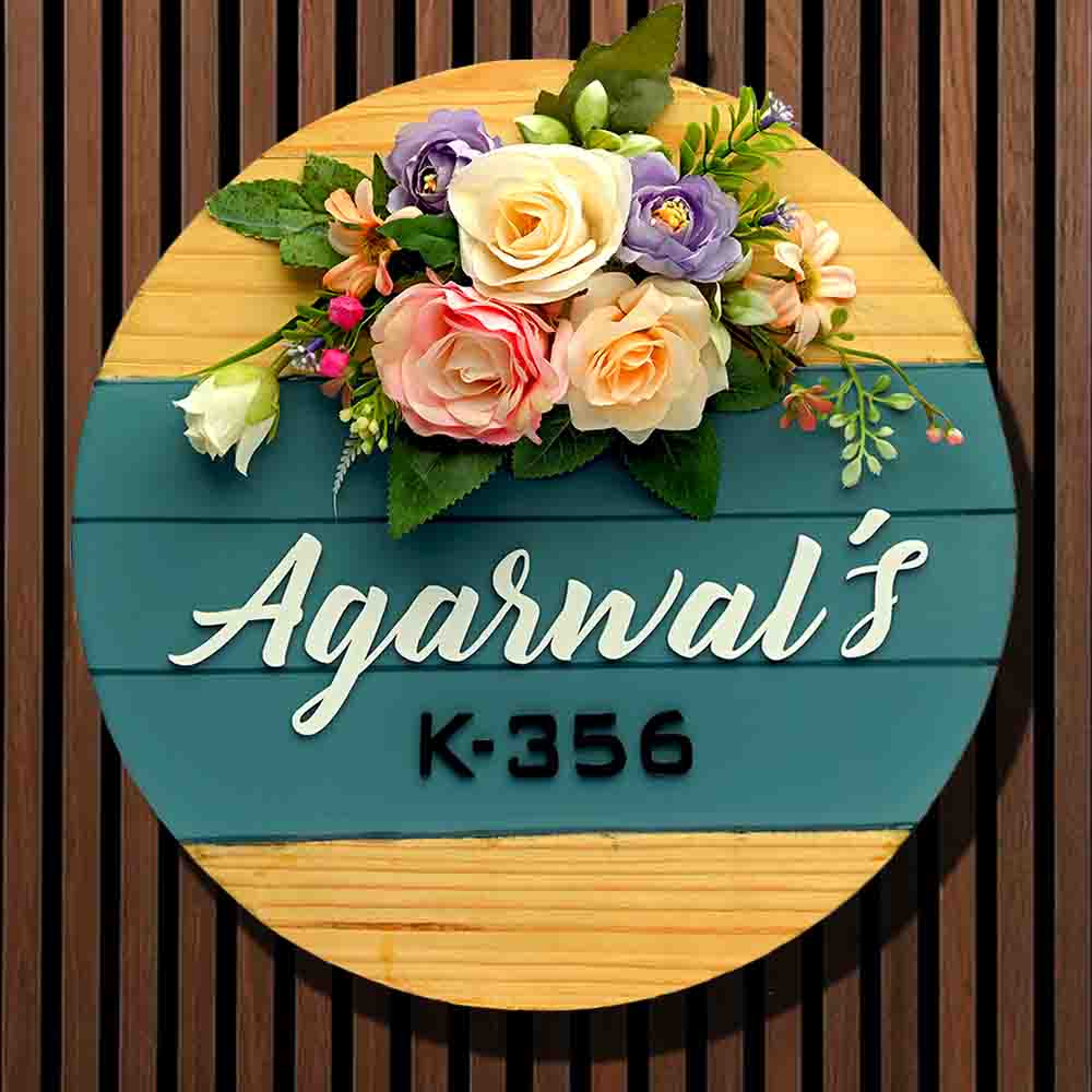 Personalized Handmade Floral Round Wooden Name Plate With 3D Letters