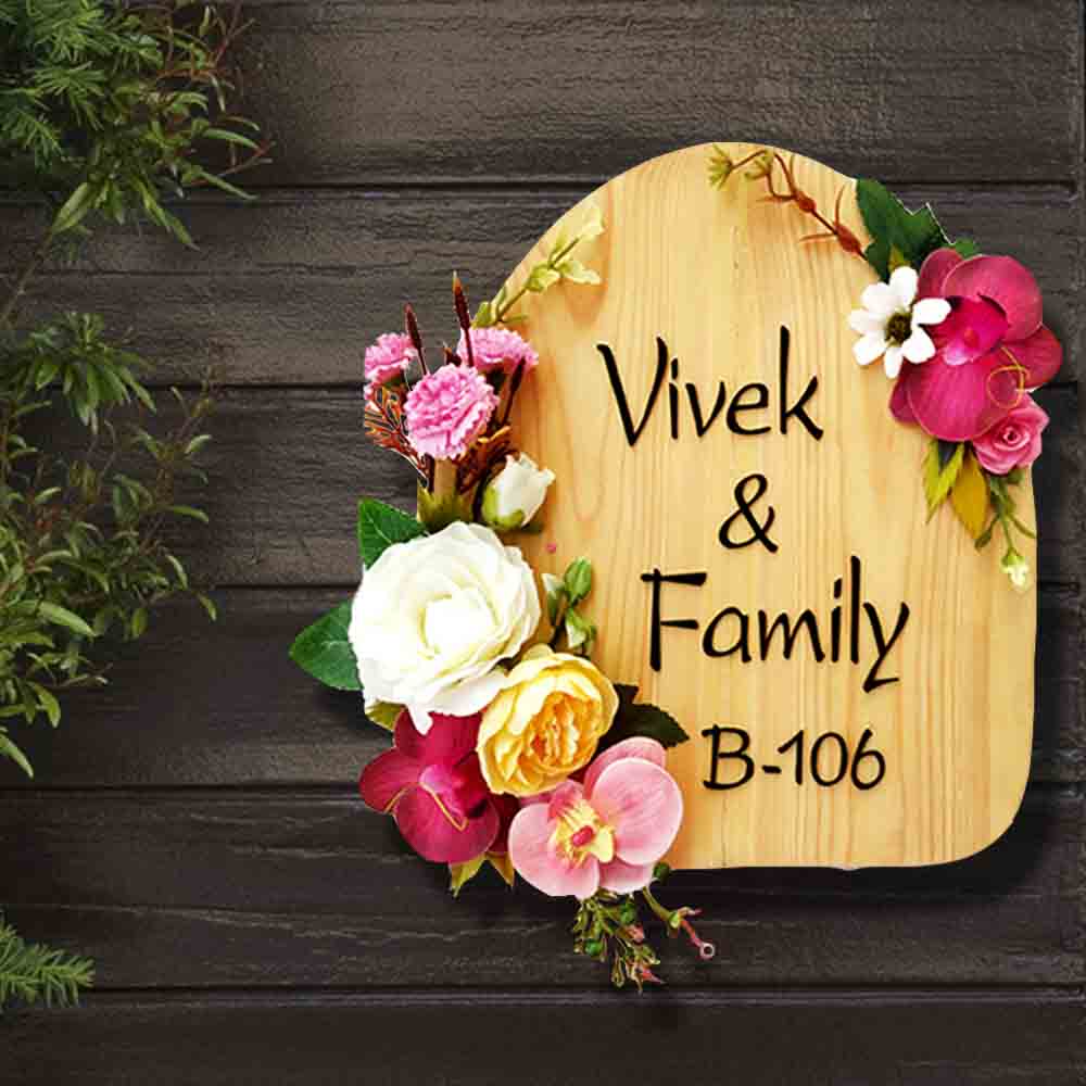 Personalized Handmade Elegant Flowers Wooden Name Plate With 3D Letters