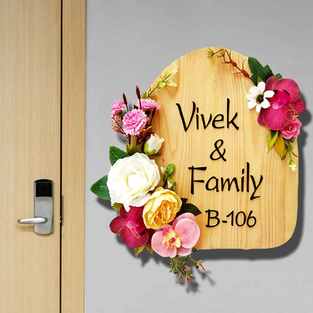 Personalized Handmade Elegant Flowers Wooden Name Plate With 3D Letters