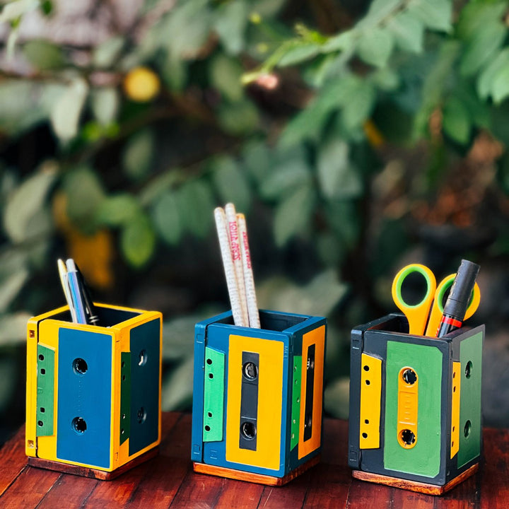 Upcycled Audio Cassette Tapes Desk Organiser Stand