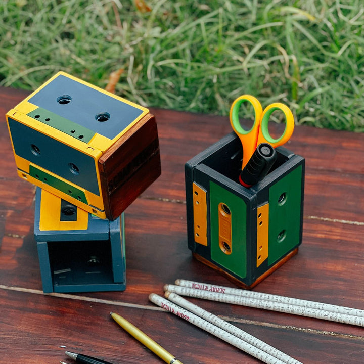 Upcycled Audio Cassette Tapes Desk Organiser Stand