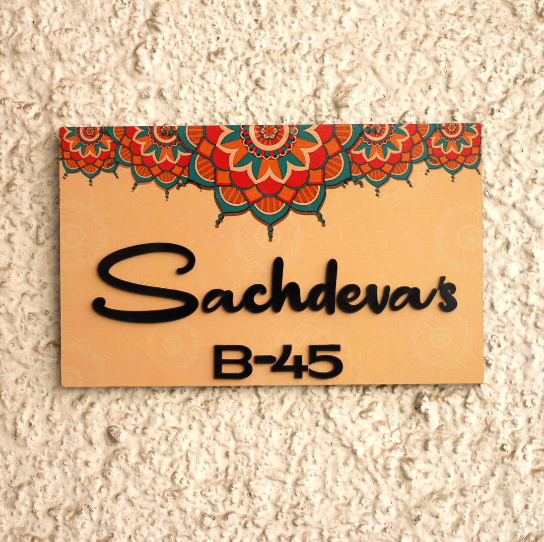 Personalized Printed Colorful Mandala Designer MDF Wood Name Plate With 3D Letters