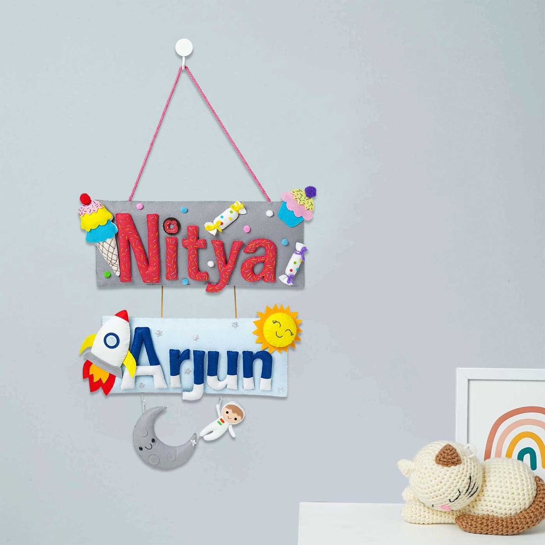 Customized Handcrafted Rectangle Felt Name Plate for Siblings