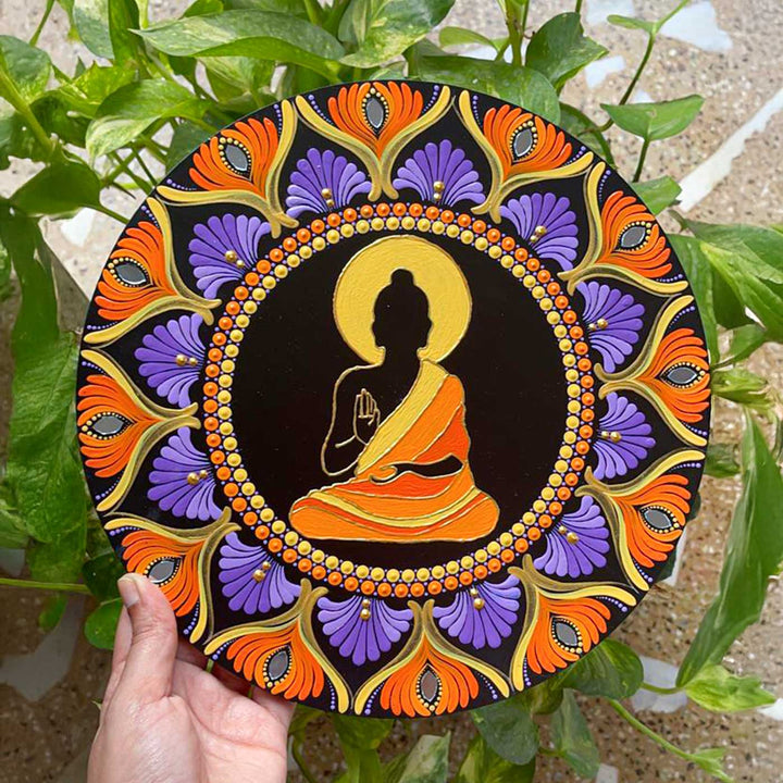 Hand-Painted Dot Mandala Serene Buddha MDF Wood Wall Plate