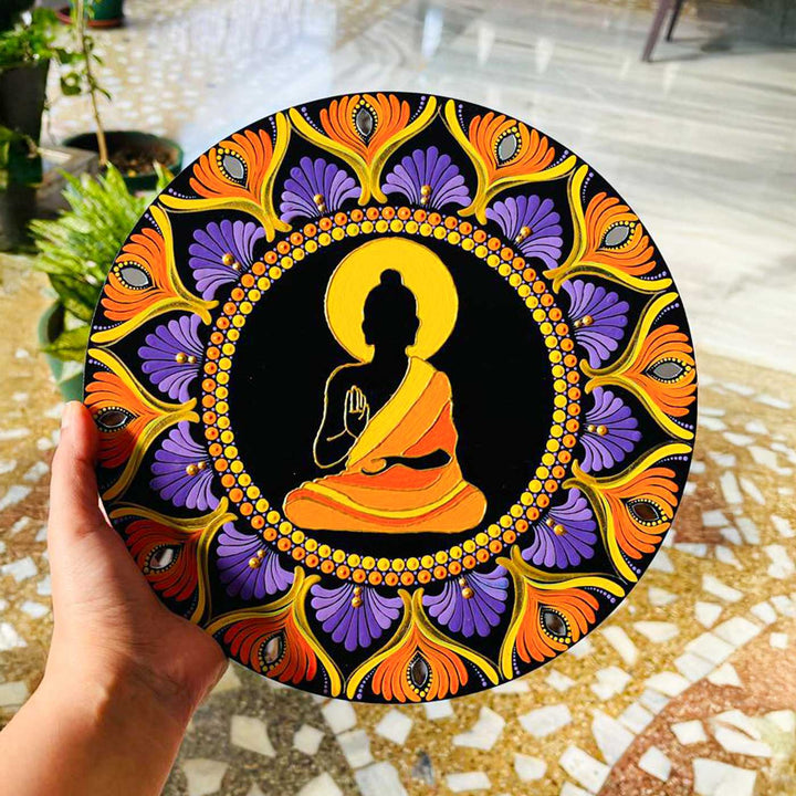 Hand-Painted Dot Mandala Serene Buddha MDF Wood Wall Plate