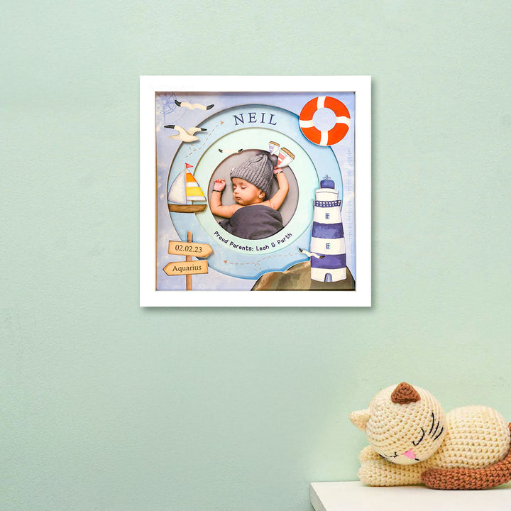 Photo Personalized Handmade Nautical Theme Shadow Box Frame With Birth Details