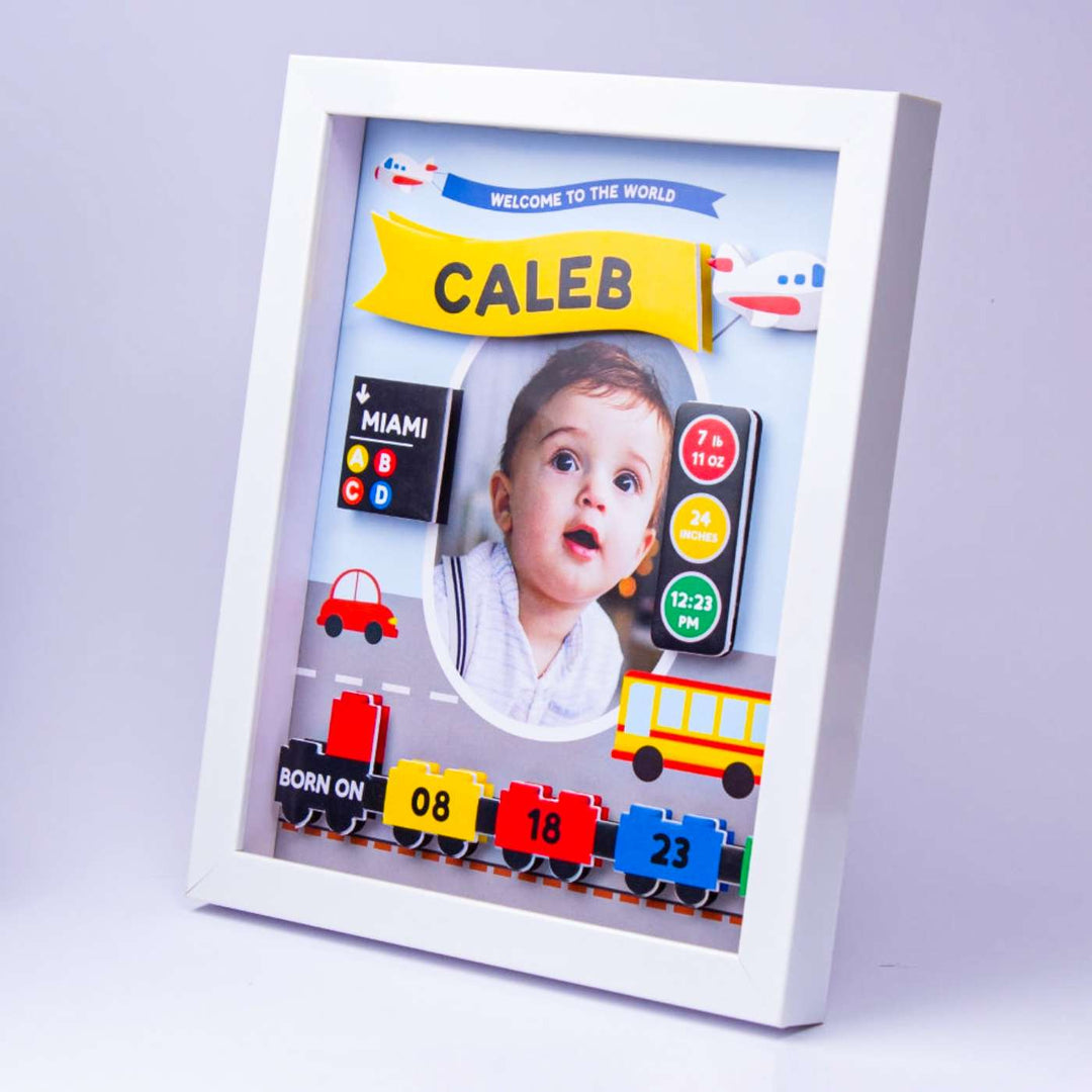 Photo Personalized Handmade Transport Theme Shadow Box Frame With Birth Details