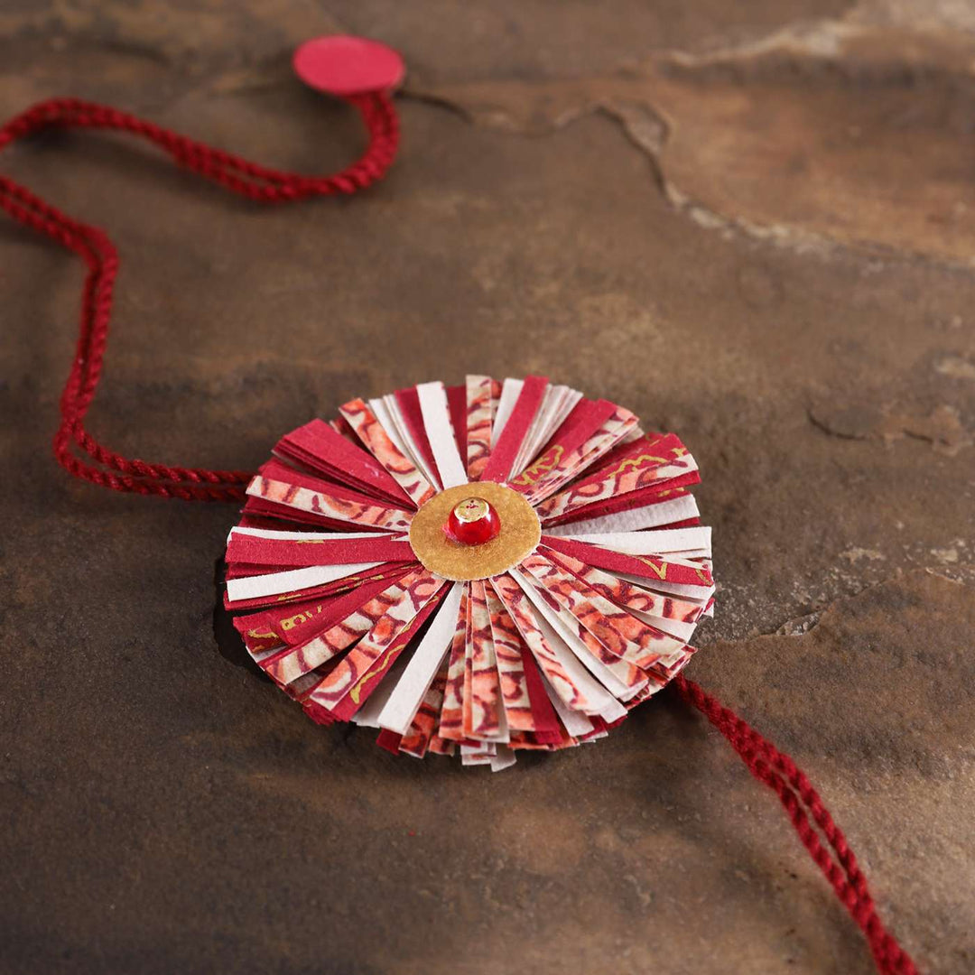 Handmade Ecofriendly Red Recycled Paper Rakhi With Roli Chawal