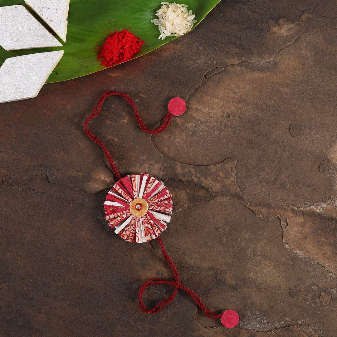 Handmade Ecofriendly Red Recycled Paper Rakhi With Roli Chawal