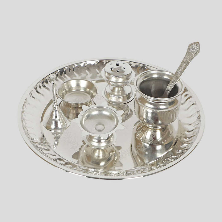 Handmade Silver Steel Puja Thali | Set of 8