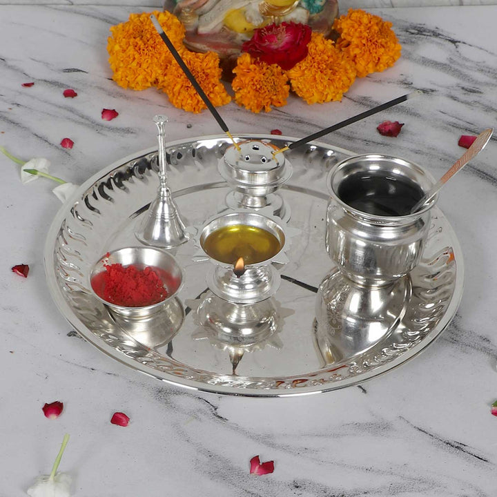 Handmade Silver Steel Puja Thali | Set of 8