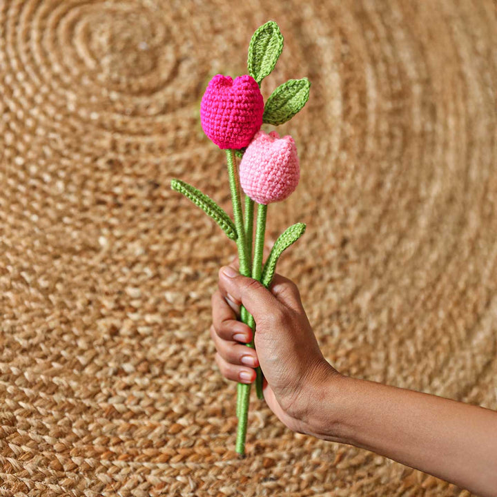 Handmade Crochet Tulip Flowers With Leaves | Set Of 2