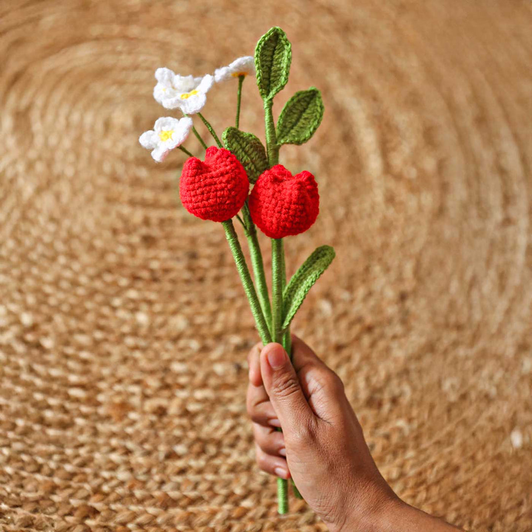 Handmade Crochet Tulip Flowers With Leaves | Set Of 2