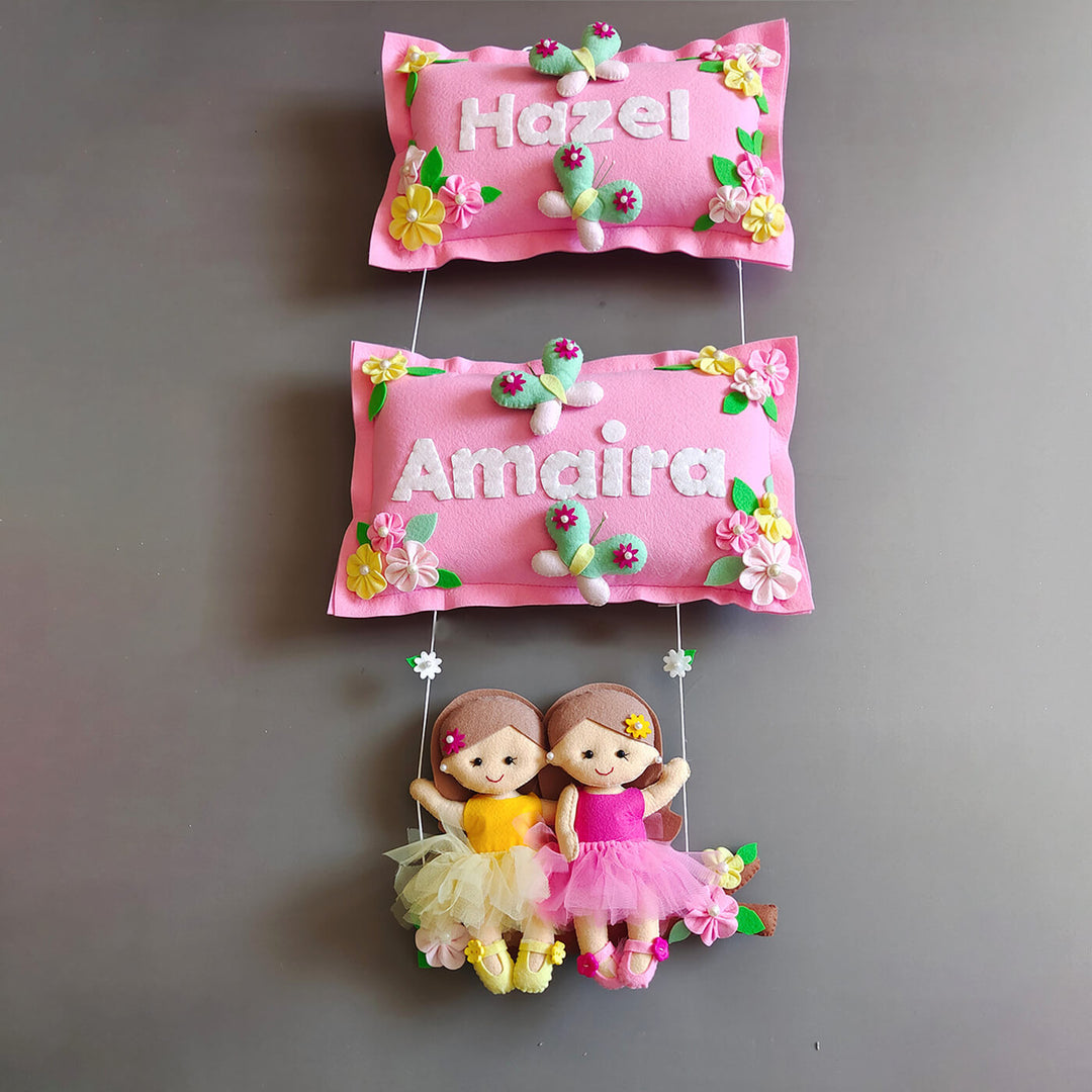 Hand-stitched Pillow & Swing Theme Felt Kids Name Plate for Siblings