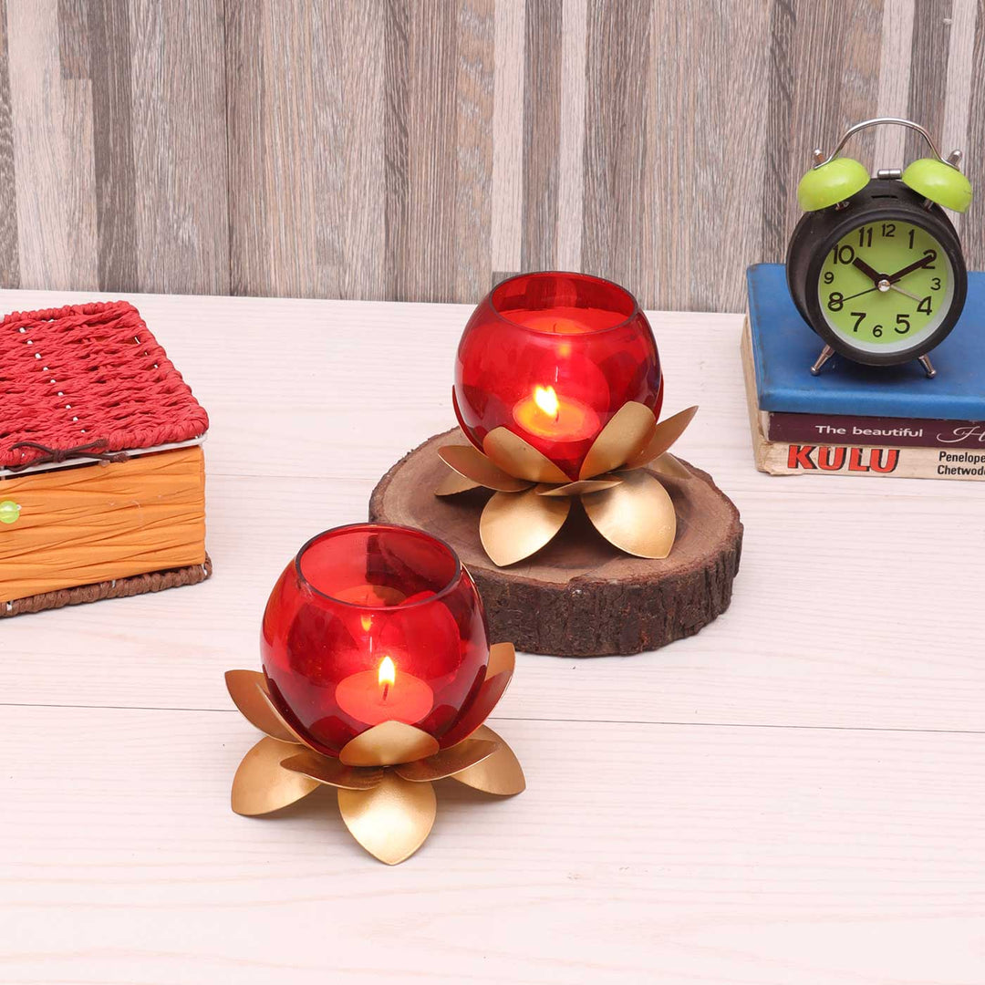 Handmade Lotus & Red Cover Metal & Glass Tealight Holder | Set of 2