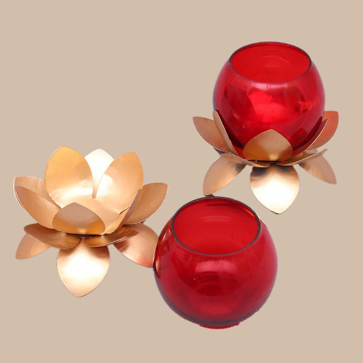 Handmade Lotus & Red Cover Metal & Glass Tealight Holder | Set of 2