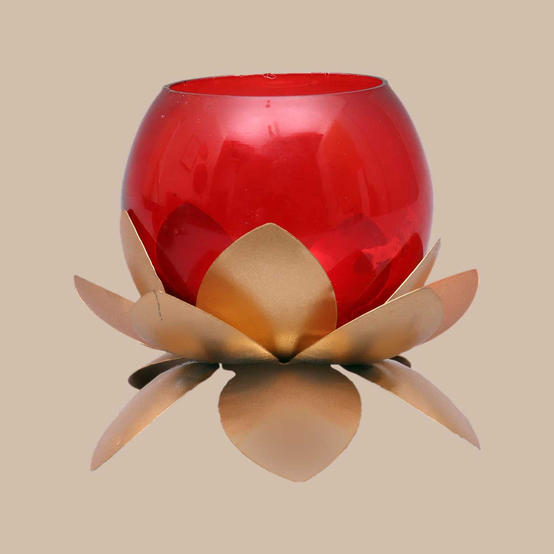 Handmade Lotus & Red Cover Metal & Glass Tealight Holder | Set of 2