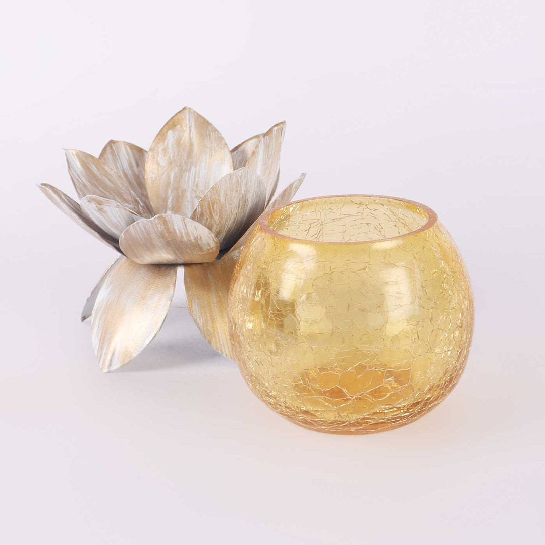 Handmade Lotus & Yellow Cover Metal & Glass Tealight Holder