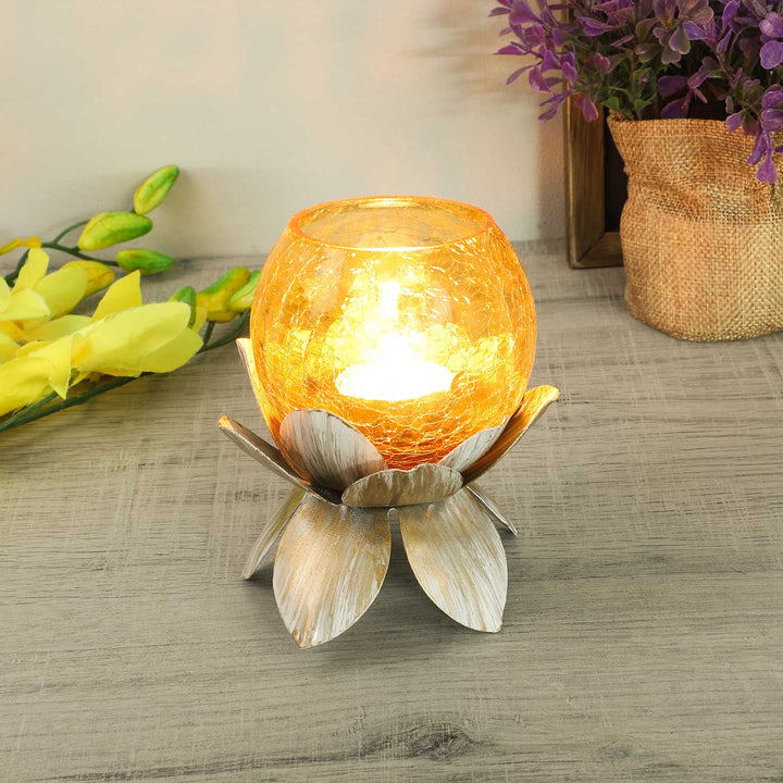 Handmade Lotus & Yellow Cover Metal & Glass Tealight Holder