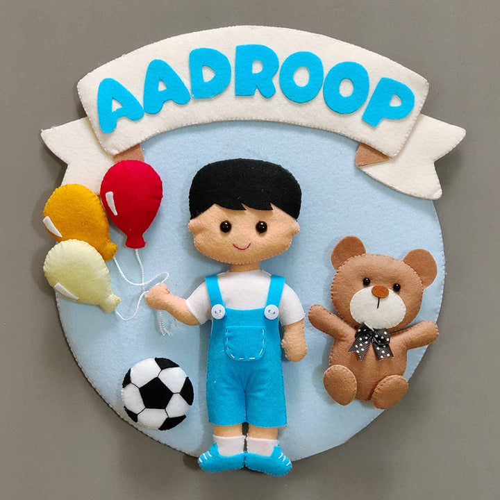 Hand-stitched Teddy & Sports Themed Round Felt Kids Name Plate for Boys