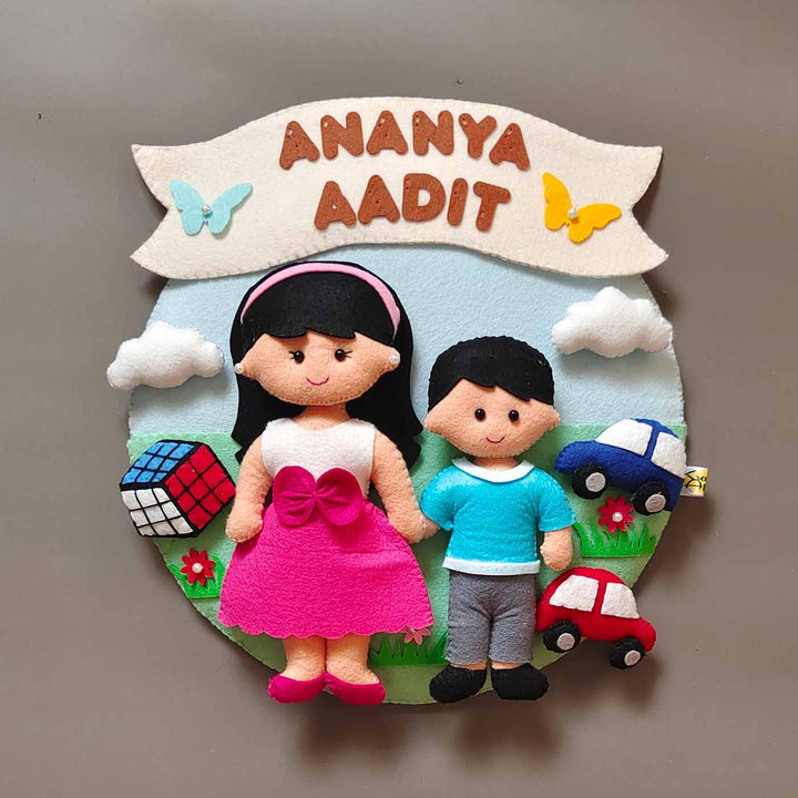 Hand-stitched Hobby Themed Round Felt Kids Name Plate for Siblings