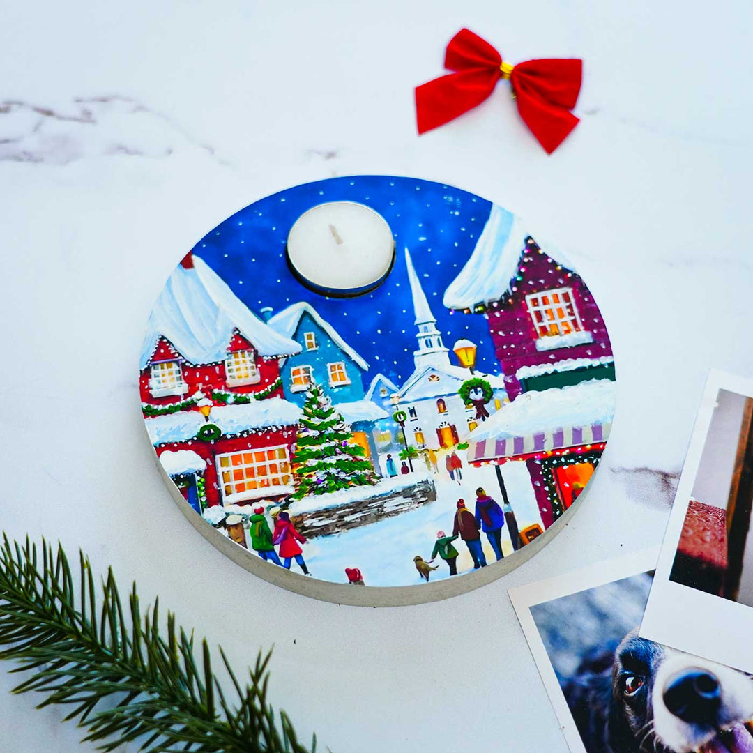 Hand-Painted "Snow Village" Mdf Wood Tealight Holders For Christmas Decoration