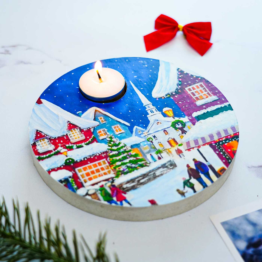 Hand-Painted "Snow Village" Mdf Wood Tealight Holders For Christmas Decoration