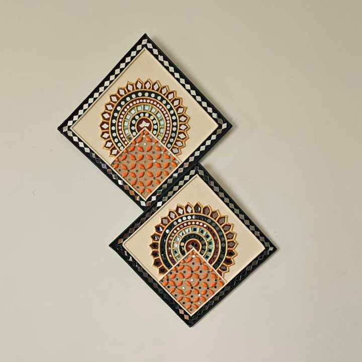 Handmade Mirror Work Square Lippan Art Mdf Wood Decor | Set Of 2