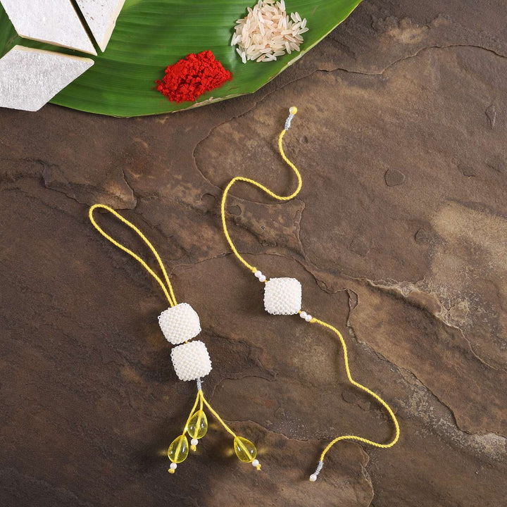 Handmade Square Pearls Bhaiya Bhabhi Rakhi With Roli Chawal | Set of 2