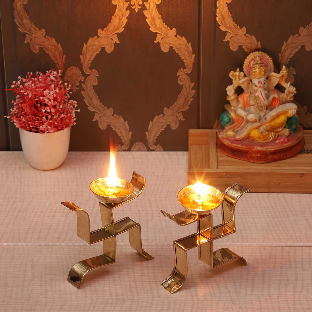 Handmade Standing Satiya Brass Oil Lamp / Diya | Set of 2