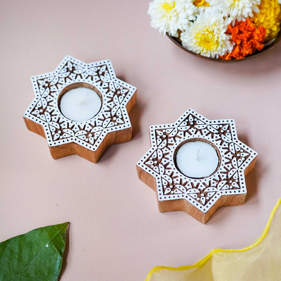 Handmade Carved Star Wooden Block Tealight Holder | Set Of 2