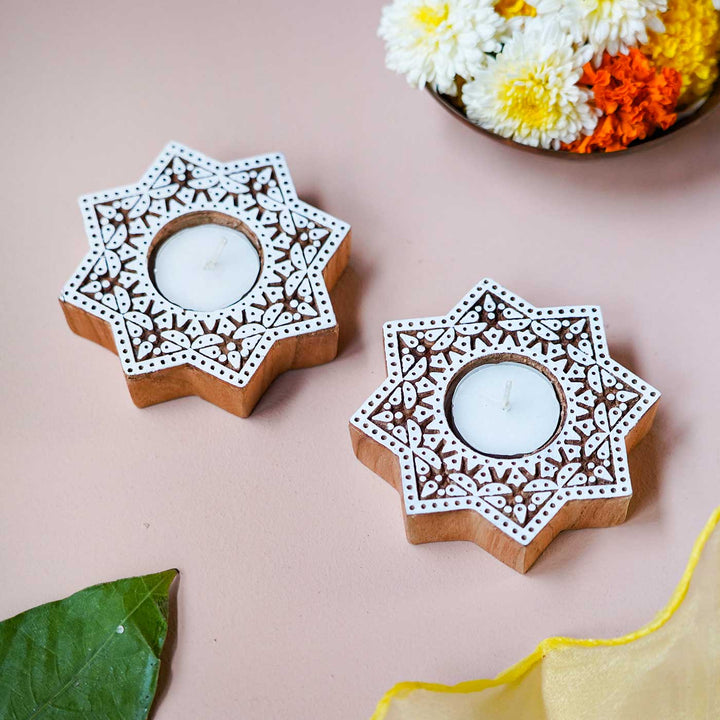 Handmade Carved Star Wooden Block Tealight Holder | Set Of 2