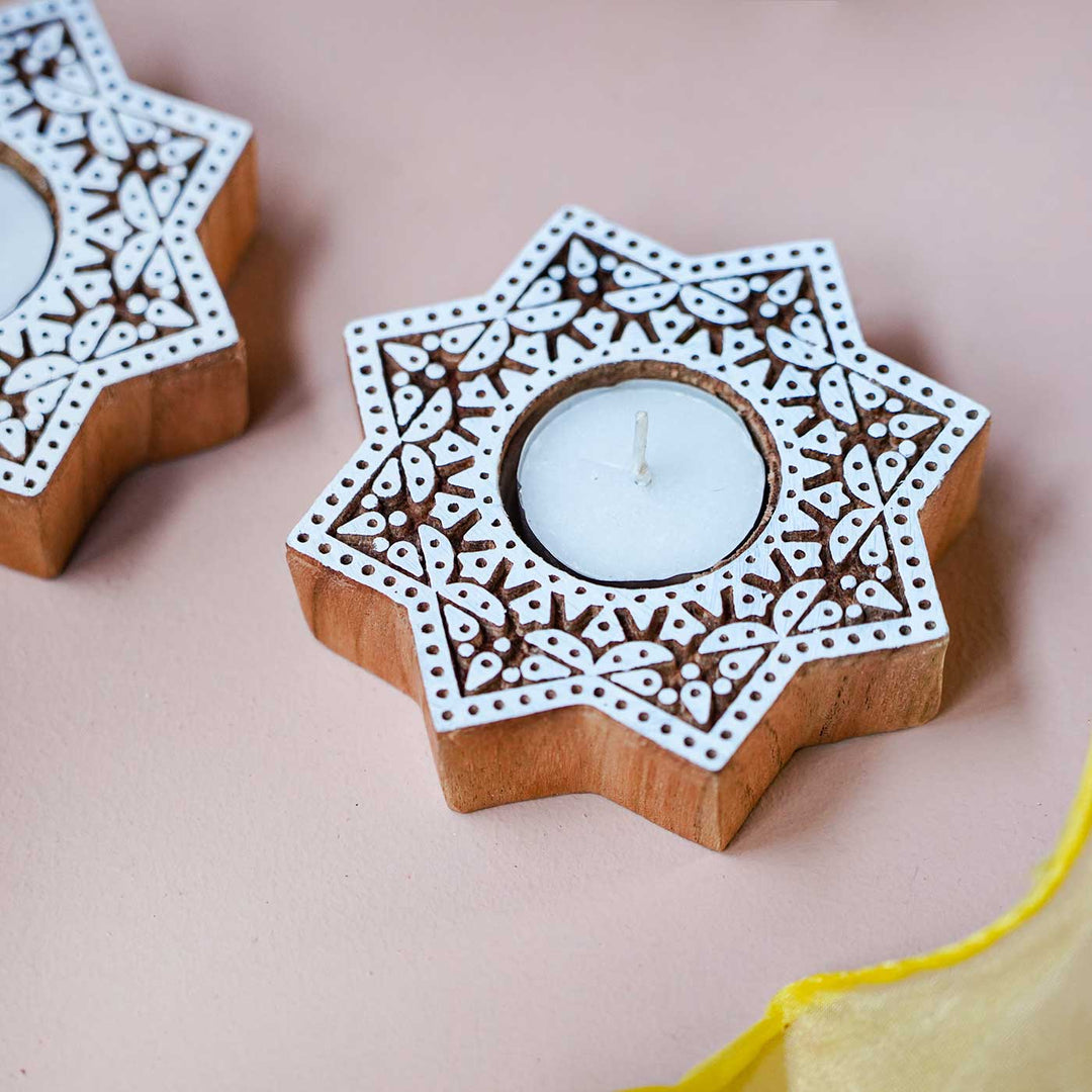 Handmade Carved Star Wooden Block Tealight Holder | Set Of 2