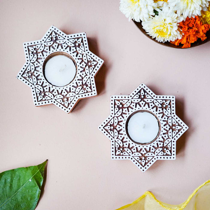 Handmade Carved Star Wooden Block Tealight Holder | Set Of 2