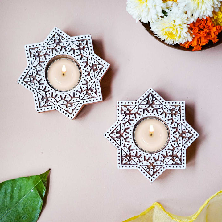 Handmade Carved Star Wooden Block Tealight Holder | Set Of 2