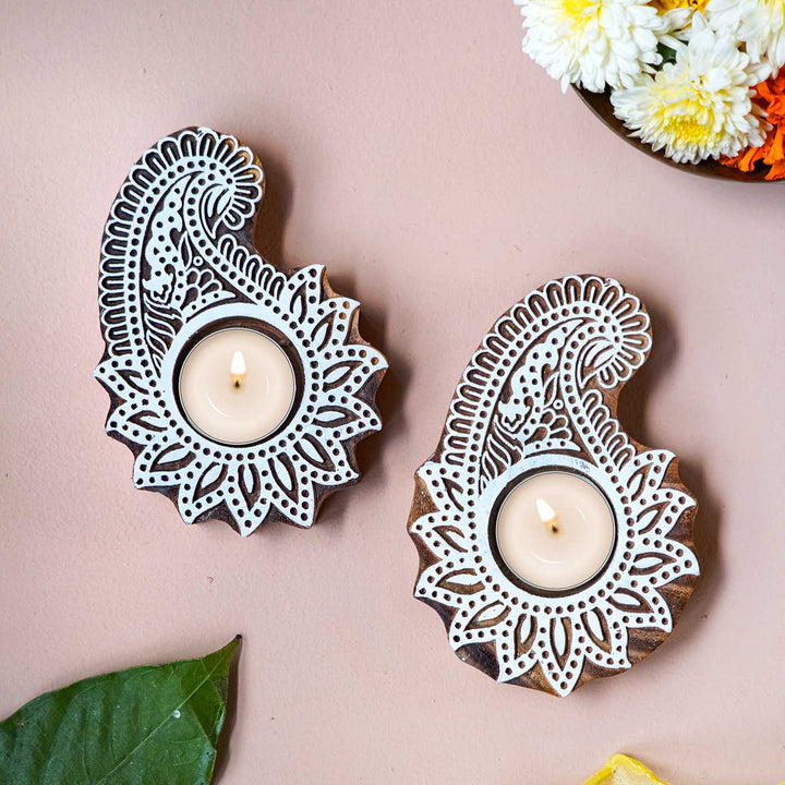 Handmade Carved Star & Paisley Wooden Block Tealight Holder | Set Of 2