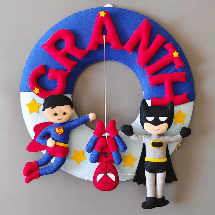 Hand-stitched Superhero Themed Round Felt Kids Name Plate for Boys