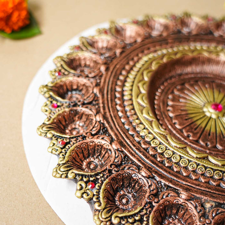 Handmade Large Decorative 21 Terracotta Diya & Urli Platter | 14 inch