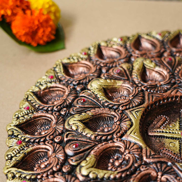 Handmade Large Decorative 31 Terracotta Diya & Urli Platter | 16 inch